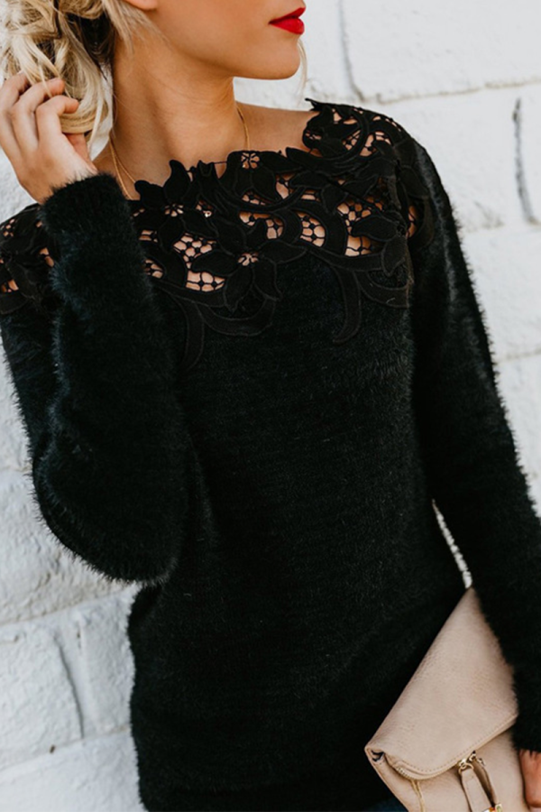 Casual Solid Lace Hollowed Out Off the Shoulder Tops Sweater