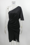 Elegant Solid Patchwork Fold Oblique Collar Evening Dress Dresses