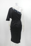Elegant Solid Patchwork Fold Oblique Collar Evening Dress Dresses