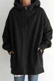Casual Solid Draw String Pocket Zipper Hooded Collar Tops