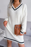 Casual Striped Split Joint  Contrast V Neck A Line Dresses Sweater (Without Belt)