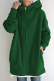Casual Solid Draw String Pocket Zipper Hooded Collar Tops