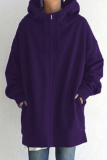 Casual Solid Draw String Pocket Zipper Hooded Collar Tops