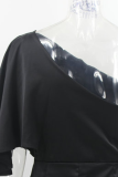 Elegant Solid Patchwork Fold Oblique Collar Evening Dress Dresses