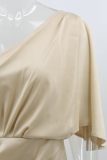 Elegant Solid Patchwork Fold Oblique Collar Evening Dress Dresses