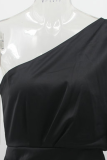 Elegant Solid Patchwork Fold Oblique Collar Evening Dress Dresses