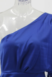 Elegant Solid Patchwork Fold Oblique Collar Evening Dress Dresses