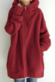 Casual Solid Draw String Pocket Zipper Hooded Collar Tops