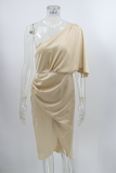 Elegant Solid Patchwork Fold Oblique Collar Evening Dress Dresses