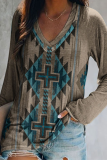 Casual Print Split Joint Basic V Neck Tops