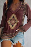 Casual Print Split Joint Basic V Neck Tops