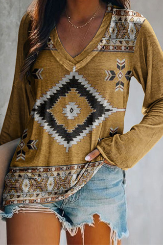 Casual Print Split Joint Basic V Neck Tops