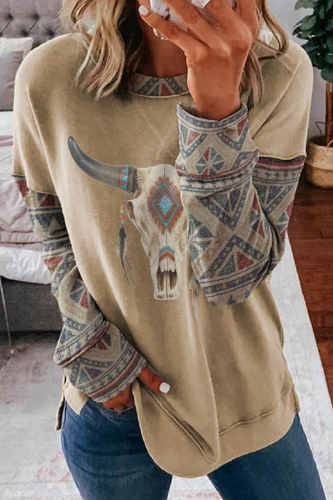 Casual Print Split Joint Basic O Neck Tops