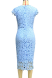 Fashion Elegant Solid Lace Hollowed Out O Neck Pencil Skirt Dresses