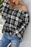 Casual Plaid Split Joint Off the Shoulder Tops