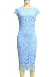 Fashion Elegant Solid Lace Hollowed Out O Neck Pencil Skirt Dresses