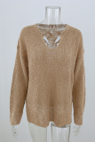 Casual Solid Draw String Basic V Neck Tops Sweater