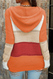 Casual Patchwork Draw String Cross Straps  Contrast Hooded Collar Tops