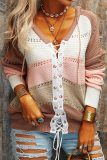 Casual Patchwork Draw String Cross Straps  Contrast Hooded Collar Tops