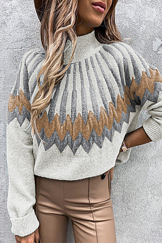 Casual Geometric Split Joint Contrast Turtleneck Tops