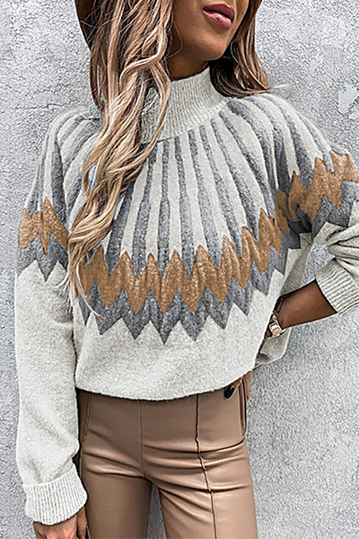 Casual Geometric Split Joint Contrast Turtleneck Tops