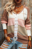 Casual Patchwork Draw String Cross Straps  Contrast Hooded Collar Tops