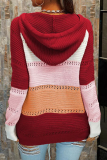 Casual Patchwork Draw String Cross Straps  Contrast Hooded Collar Tops