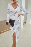 Fashion Elegant Print Split Joint Slit V Neck Dresses