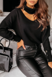 Fashion Elegant Solid Hollowed Out Split Joint Buttons Turtleneck Tops