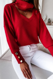 Fashion Elegant Solid Hollowed Out Split Joint Buttons Turtleneck Tops