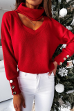 Fashion Elegant Solid Hollowed Out Split Joint Buttons Turtleneck Tops