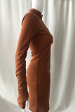 Fashion Street Solid Split Joint Zipper Collar Pencil Skirt Dresses