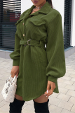 Fashion British Style Solid Pocket Buckle With Belt Turndown Collar Dresses