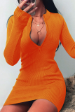 Fashion Street Solid Split Joint Zipper Collar Pencil Skirt Dresses
