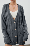 Casual Solid Pocket Buckle V Neck Outerwear Sweater