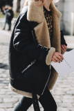 Street Patchwork Contrast Zipper Turndown Collar Outerwear (Without Belt)
