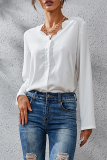 Fashion Elegant Solid Buckle Burn-out V Neck Tops