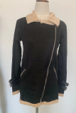 Street Patchwork Contrast Zipper Turndown Collar Outerwear (Without Belt)