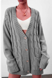 Casual Solid Pocket Buckle V Neck Outerwear Sweater