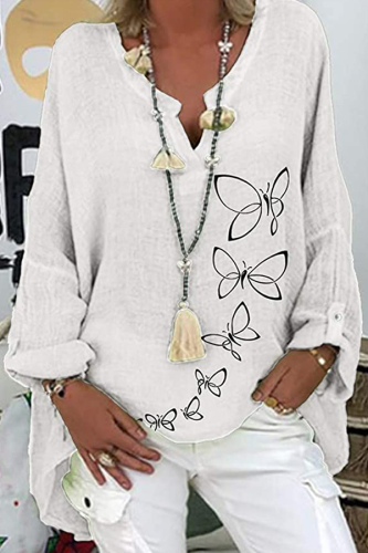 Casual Print Butterfly Print Split Joint V Neck Tops