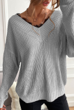 Casual Solid Lace Split Joint V Neck Tops Sweater