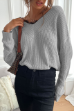 Casual Solid Lace Split Joint V Neck Tops Sweater
