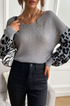 Casual Leopard Split Joint V Neck Tops Sweater