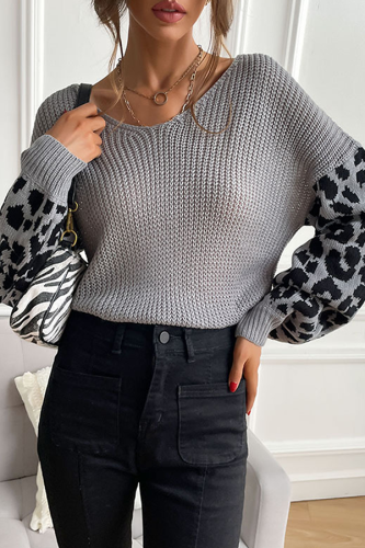 Casual Leopard Split Joint V Neck Tops Sweater