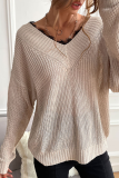 Casual Solid Lace Split Joint V Neck Tops Sweater