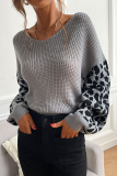 Casual Leopard Split Joint V Neck Tops Sweater
