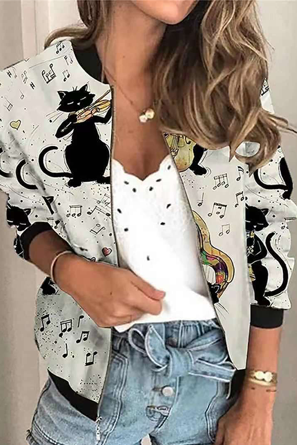 Casual Print Split Joint Zipper Mandarin Collar Outerwear