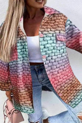 Casual Print Pocket Buckle Turndown Collar Outerwear