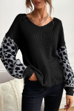 Casual Leopard Split Joint V Neck Tops Sweater