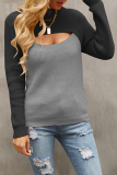 Elegant Patchwork Hollowed Out  Contrast O Neck Tops Sweater